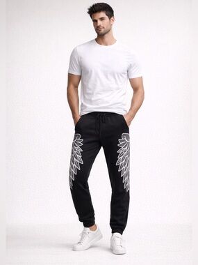 Reason Black Joggers Men’s Feather Print Streetwear Slim Fit